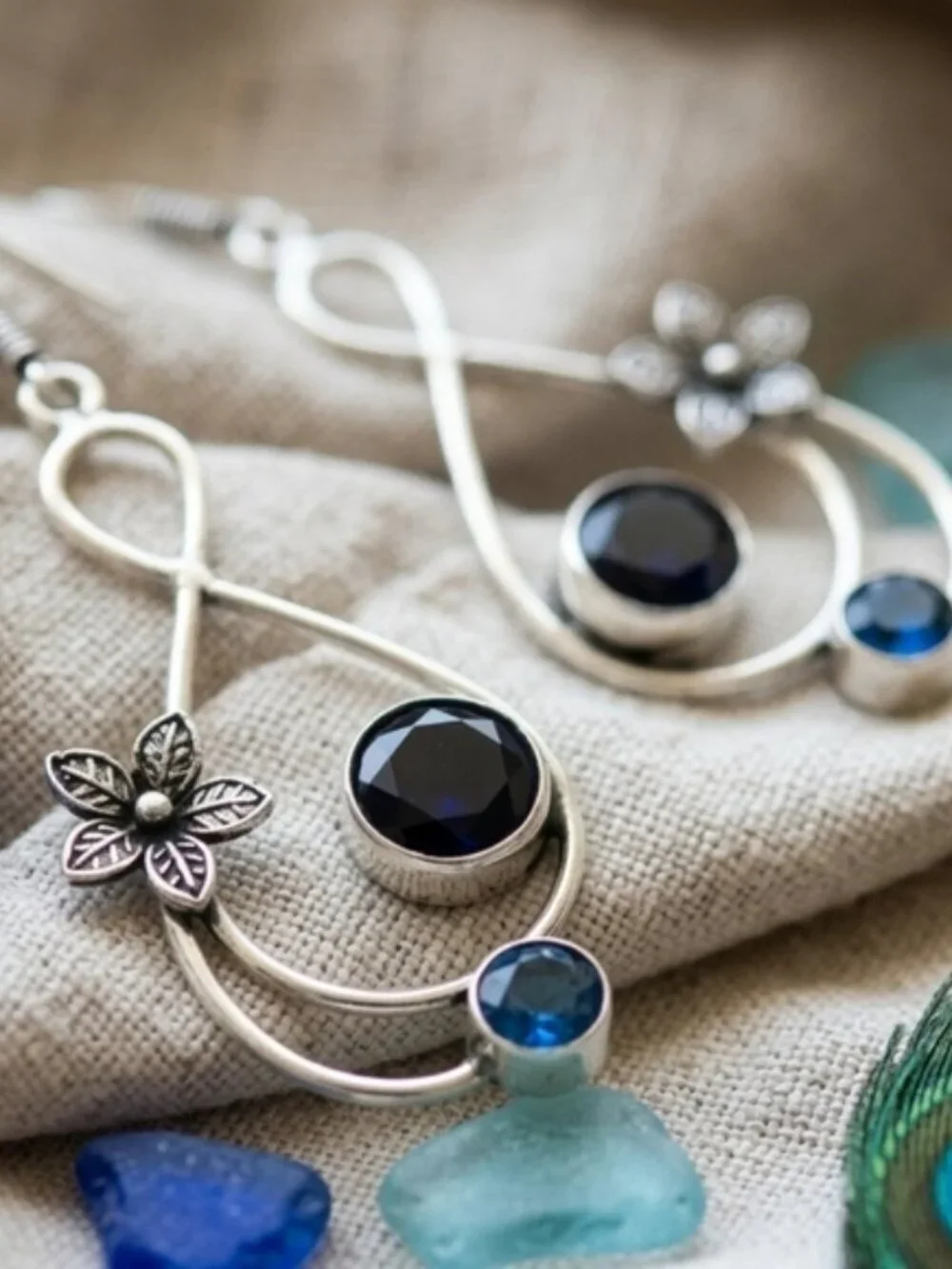 925 Sterling Silver Blue Tanzanite Floral Teardrop Dangle Earrings Boho 2.7
